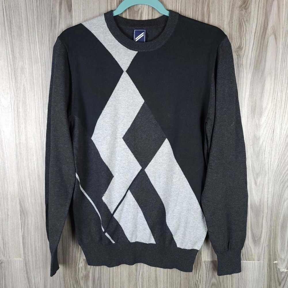 Daniel Hechter Paris Mens Crewneck Sweater Geometric Intarsia Knit‎ Grey Black S